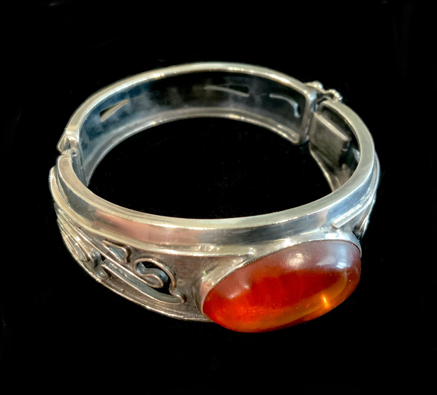 Antique Cognac Amber & Sterling Silver 925 Handmade Hinged Bangle Bracelet Signed