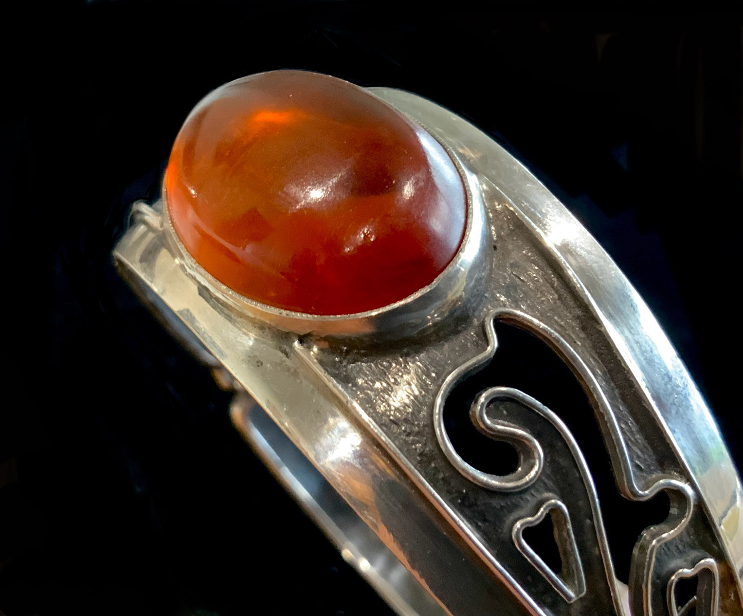 Antique Cognac Amber & Sterling Silver 925 Handmade Hinged Bangle Bracelet Signed