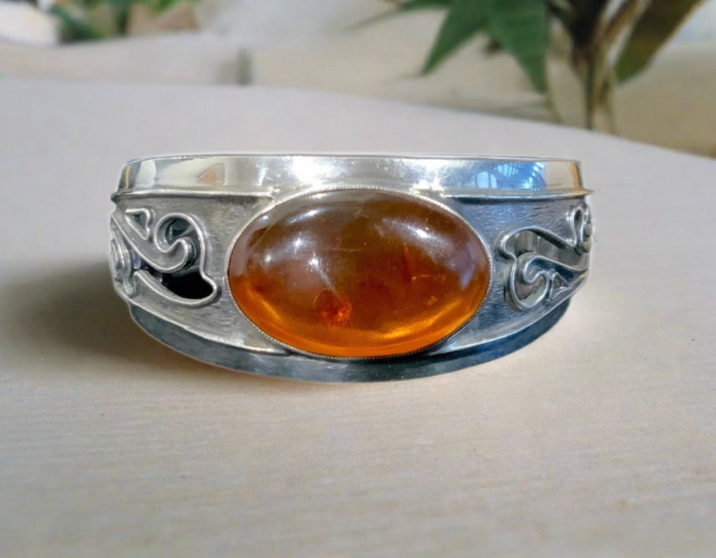 Antique Cognac Amber & Sterling Silver 925 Handmade Hinged Bangle Bracelet Signed