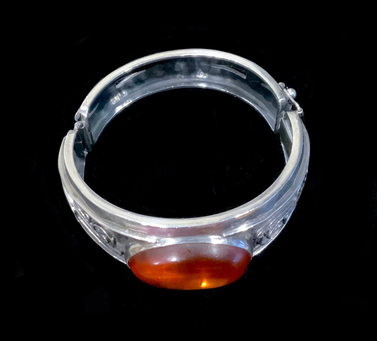 Antique Cognac Amber & Sterling Silver 925 Handmade Hinged Bangle Bracelet Signed