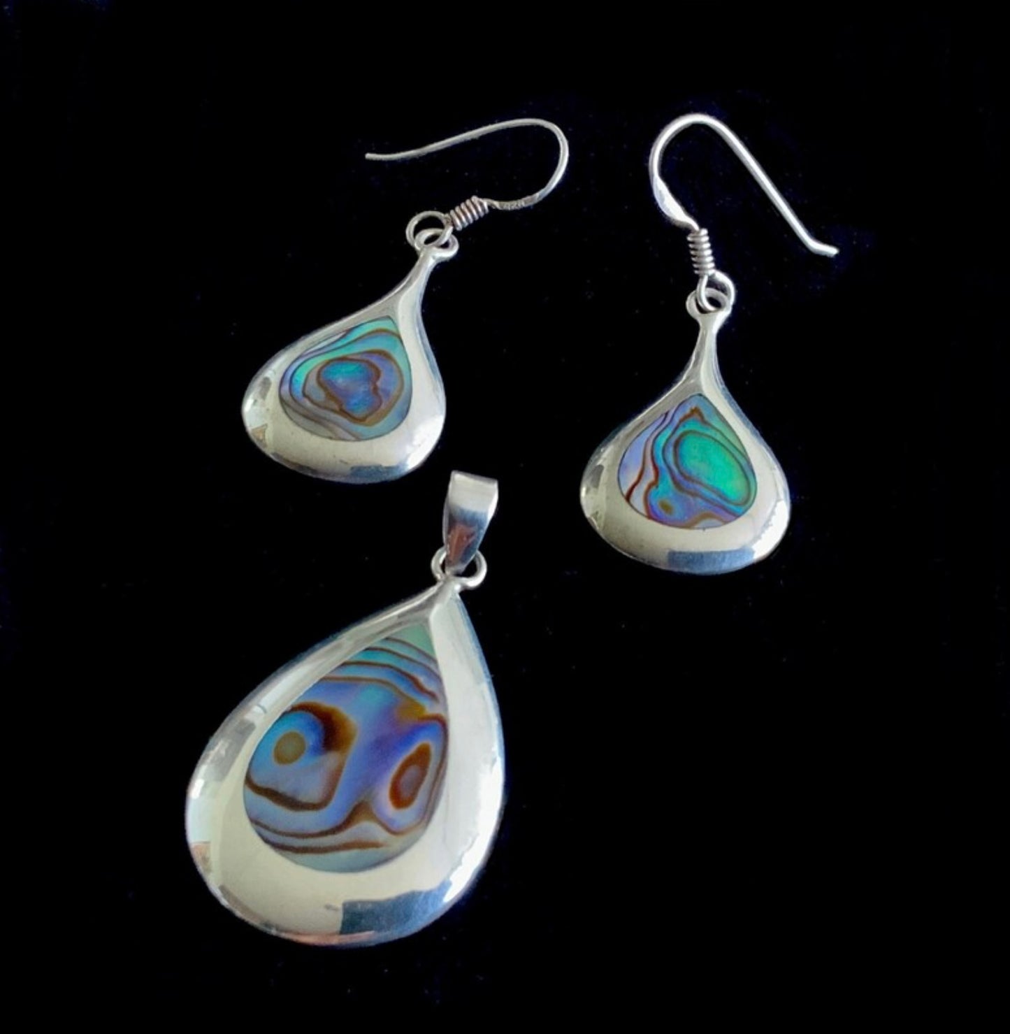 925 Sterling Silver Paua Shell Teardrop Pendant Necklace & Earrings Set