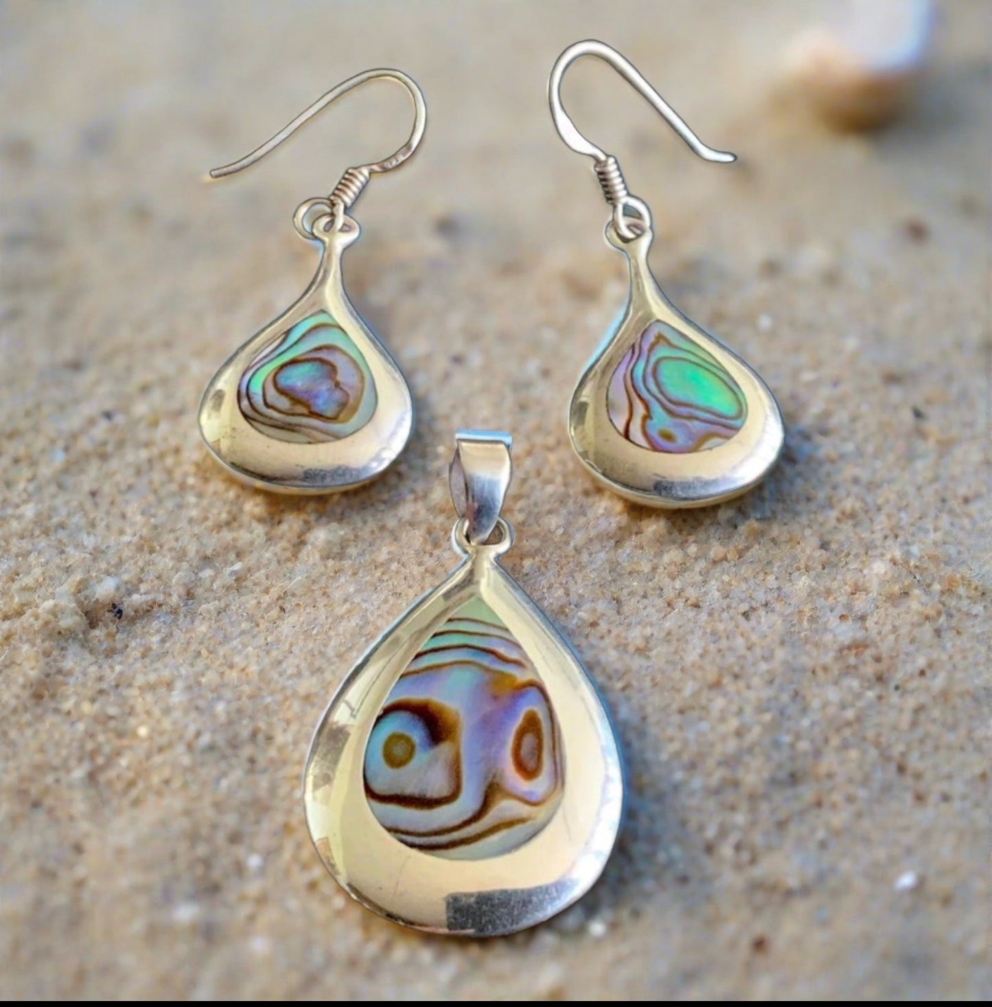 925 Sterling Silver Paua Shell Teardrop Pendant Necklace & Earrings Set