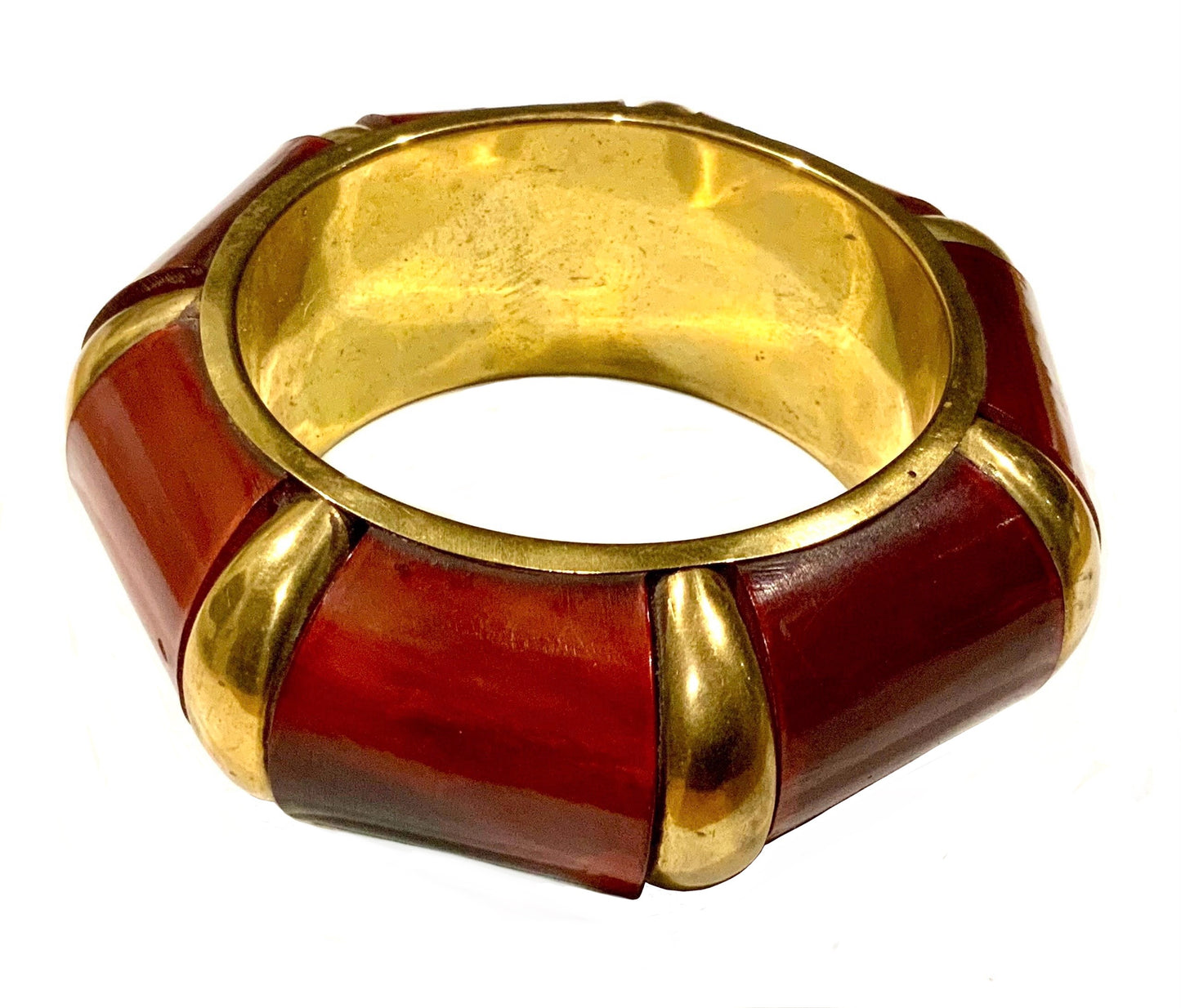 Brass & Red Horn Inlay Bangle Geometric Heptagon Bracelet