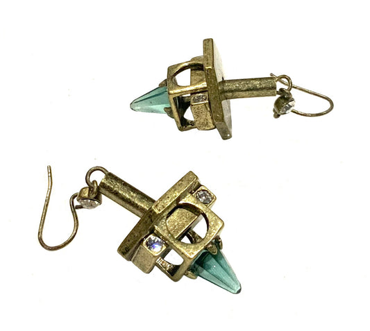 Aqua Tourmaline Glass & Brass Modernist Brutalist Earrings