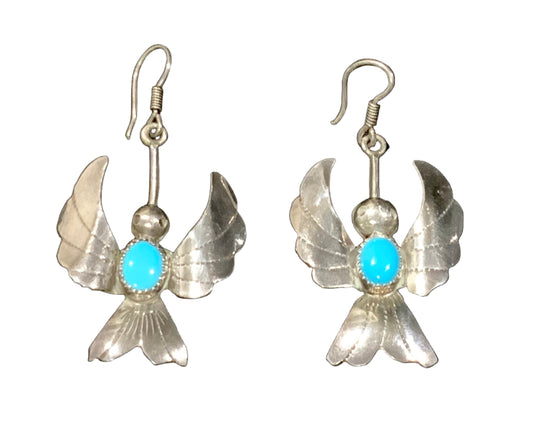 Fatoya Yazzie Navajo Sterling Silver & Turquoise Hummingbird Earrings 5.5cm