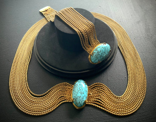 SOLD Fabulous Turquoise & Gold Chain Festoon Necklace & Bracelet Demi Parure Mid Century