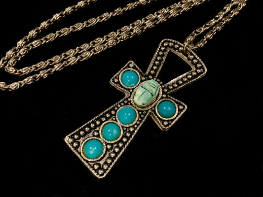 SOLD Huge Egyptian Ankh Pendant Necklace Silver & Turquoise Scarab