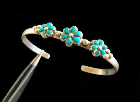 SOLD Zuni Petit Point Turquoise & 925 Sterling Silver Flower Cuff Tribal Bracelet