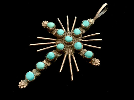 SOLD Large Vintage Zuni Cross Pendant Tribal Turquoise & Silver