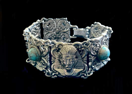 Egyptian King Tutankhamen Pharaoh Silver & Turquoise Panel Bracelet