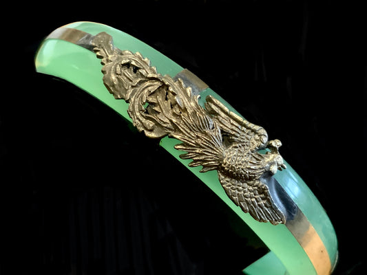 SOLD Chinese Old Translucent Green Jade & Silver Dragon & Phoenix Bangle