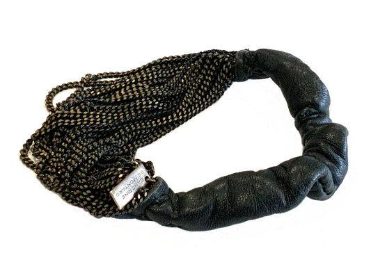Sandrine De Montard Leather & Bronze Chain Bracelet Vintage
