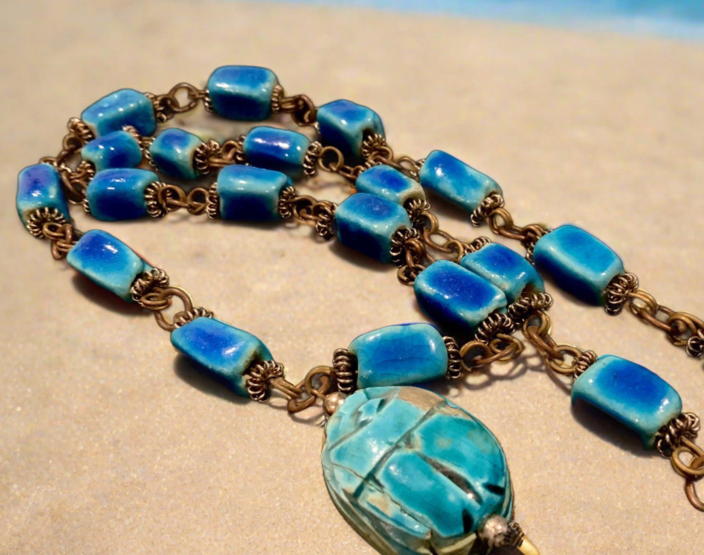 Antique Egyptian Blue Faïence Scarab Beetle Mixed Metal Bead Necklace