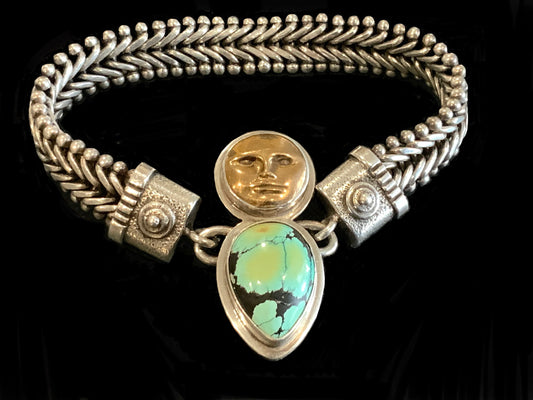 SOLD Tabra Sterling Silver Turquoise Connector Charm & Wheat Tribal Bracelet