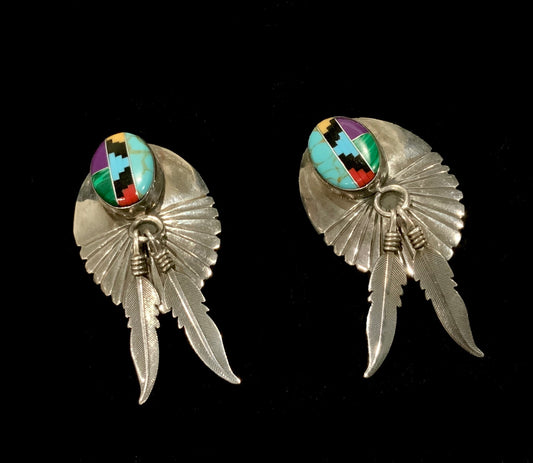 SOLD Feather Clip On Earrings Yazzie Navajo 925 Sterling Silver Turquoise Inlay