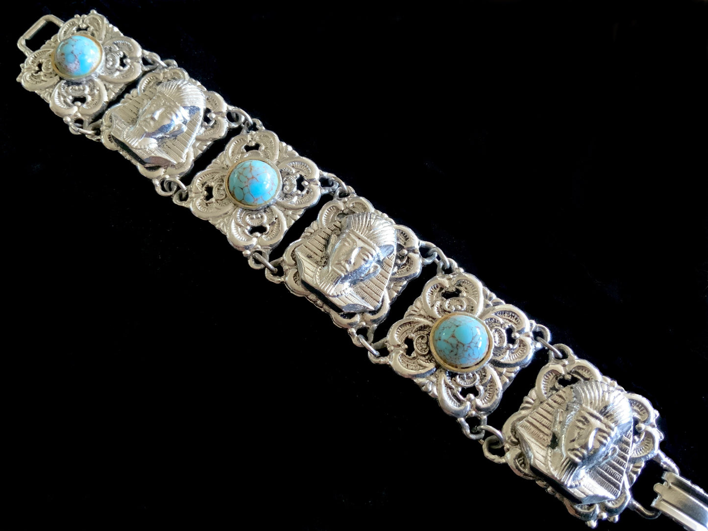 Egyptian King Tutankhamen Pharaoh Silver & Turquoise Panel Bracelet