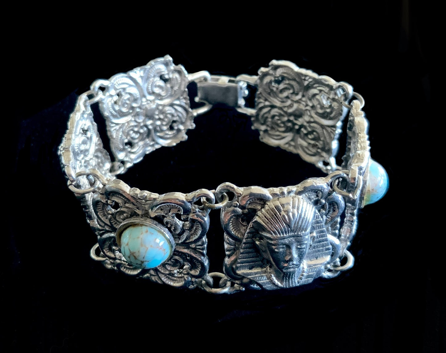 Egyptian King Tutankhamen Pharaoh Silver & Turquoise Panel Bracelet