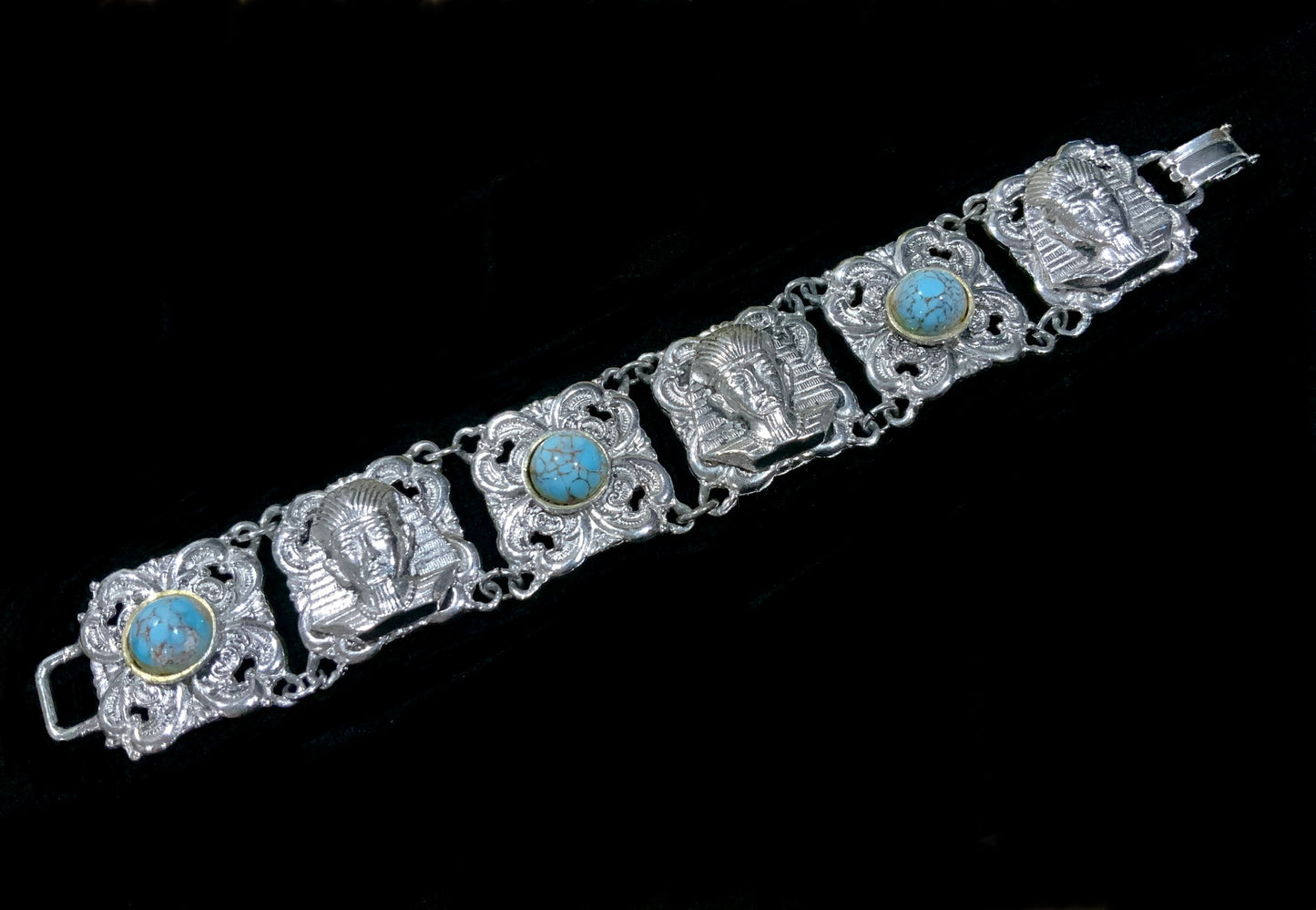 Egyptian King Tutankhamen Pharaoh Silver & Turquoise Panel Bracelet