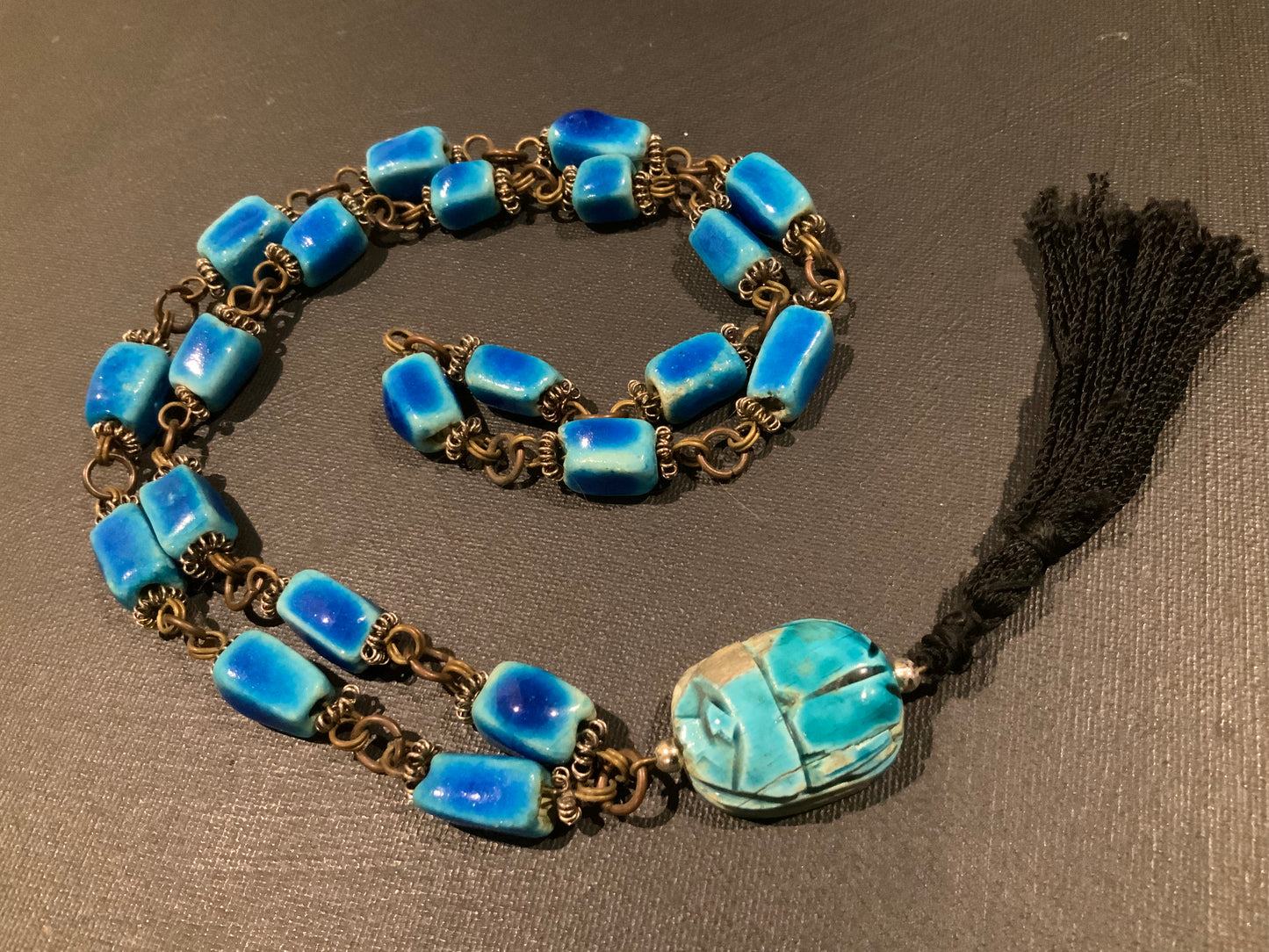 Antique Egyptian Blue Faïence Scarab Beetle Mixed Metal Bead Necklace