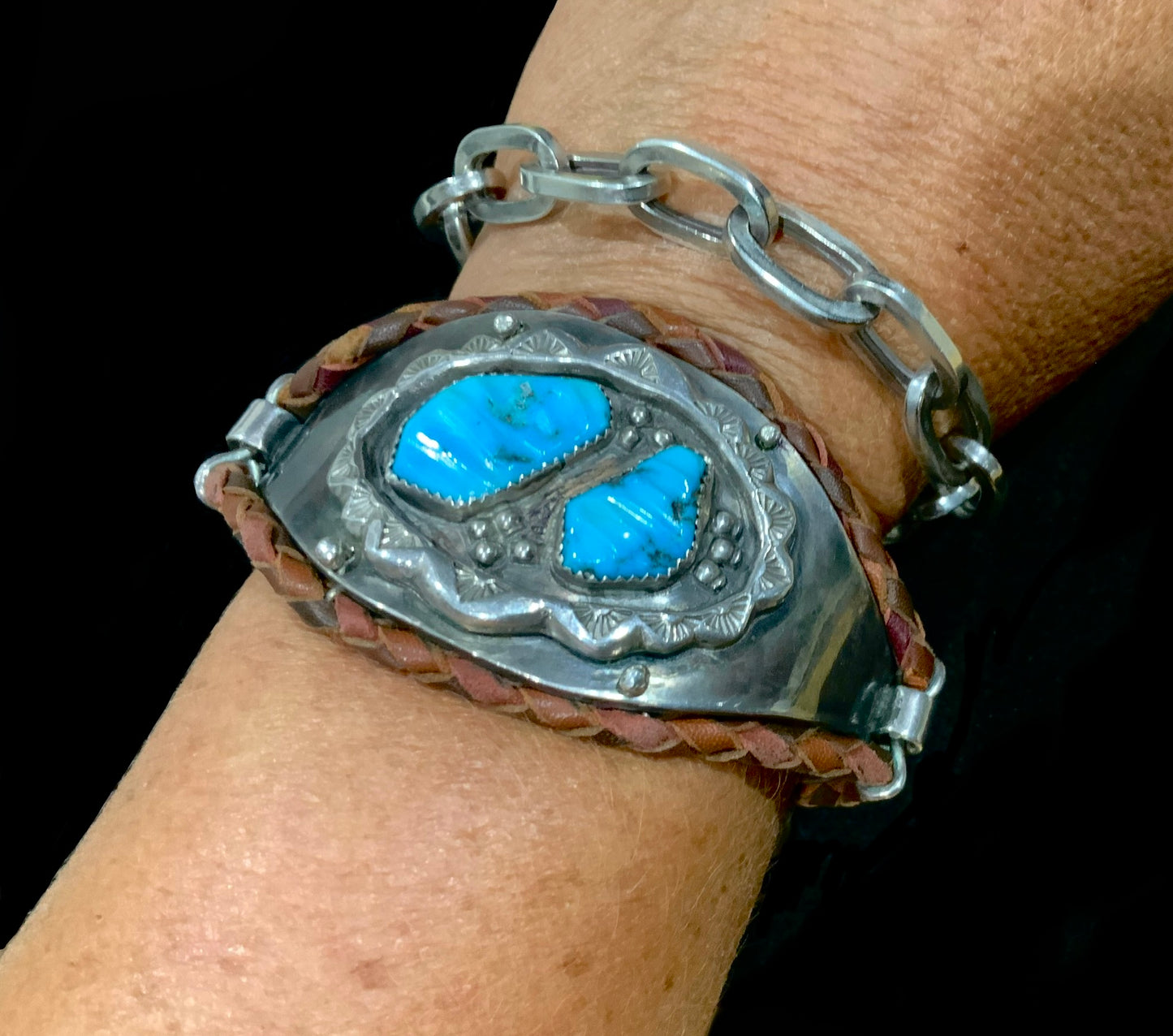 Native American Cuff Bracelet 925 Sterling Silver, Turquoise & Leather Signed WFA