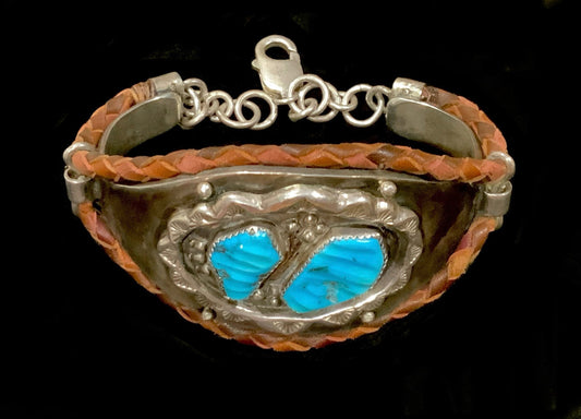Native American Cuff Bracelet 925 Sterling Silver, Turquoise & Leather Signed WFA