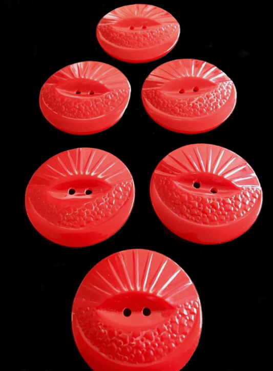 Art Deco Red Large Sunray Buttons x 6