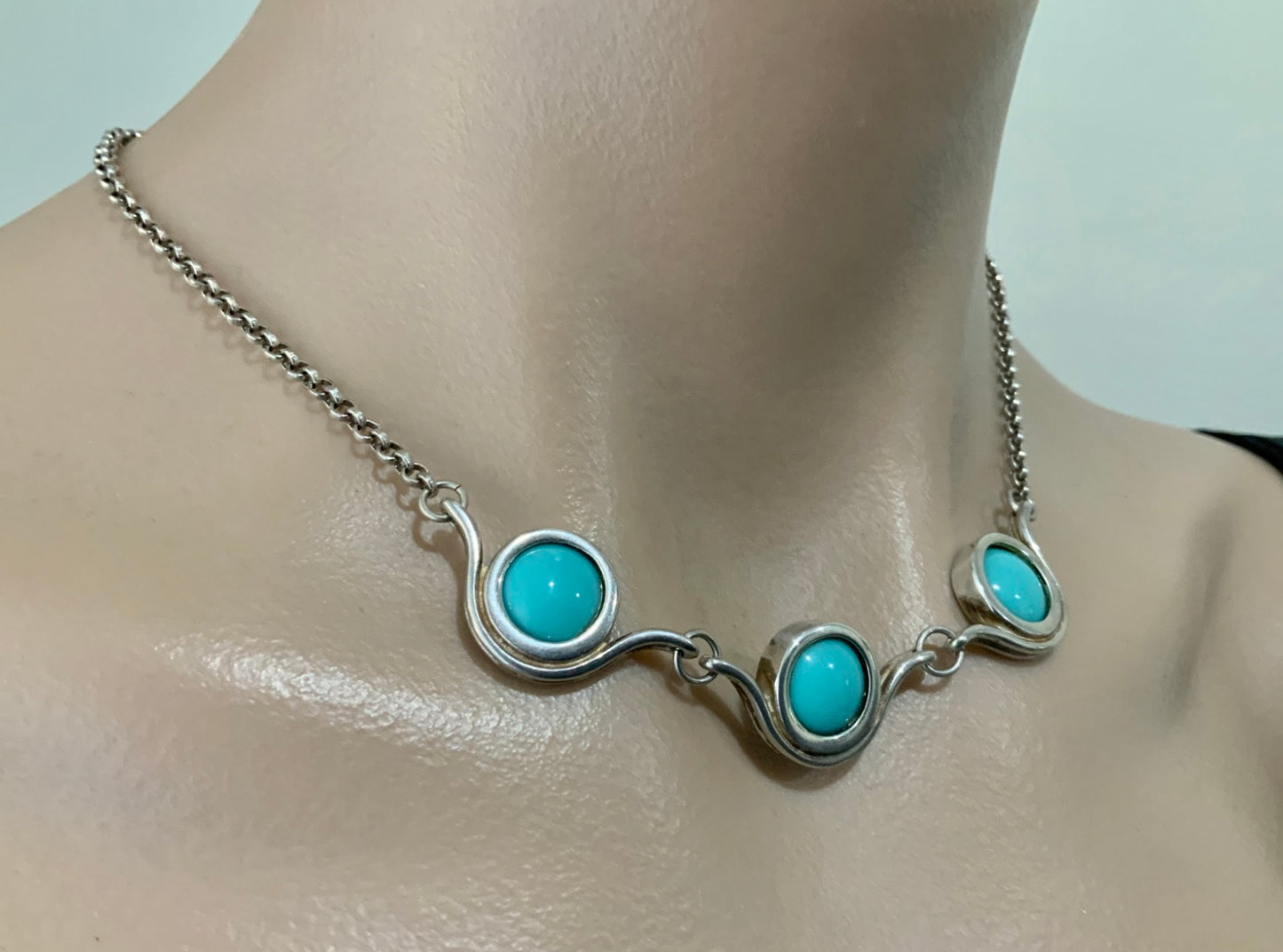 Modernist Turquoise & Sterling Silver 925 Necklace 45cm