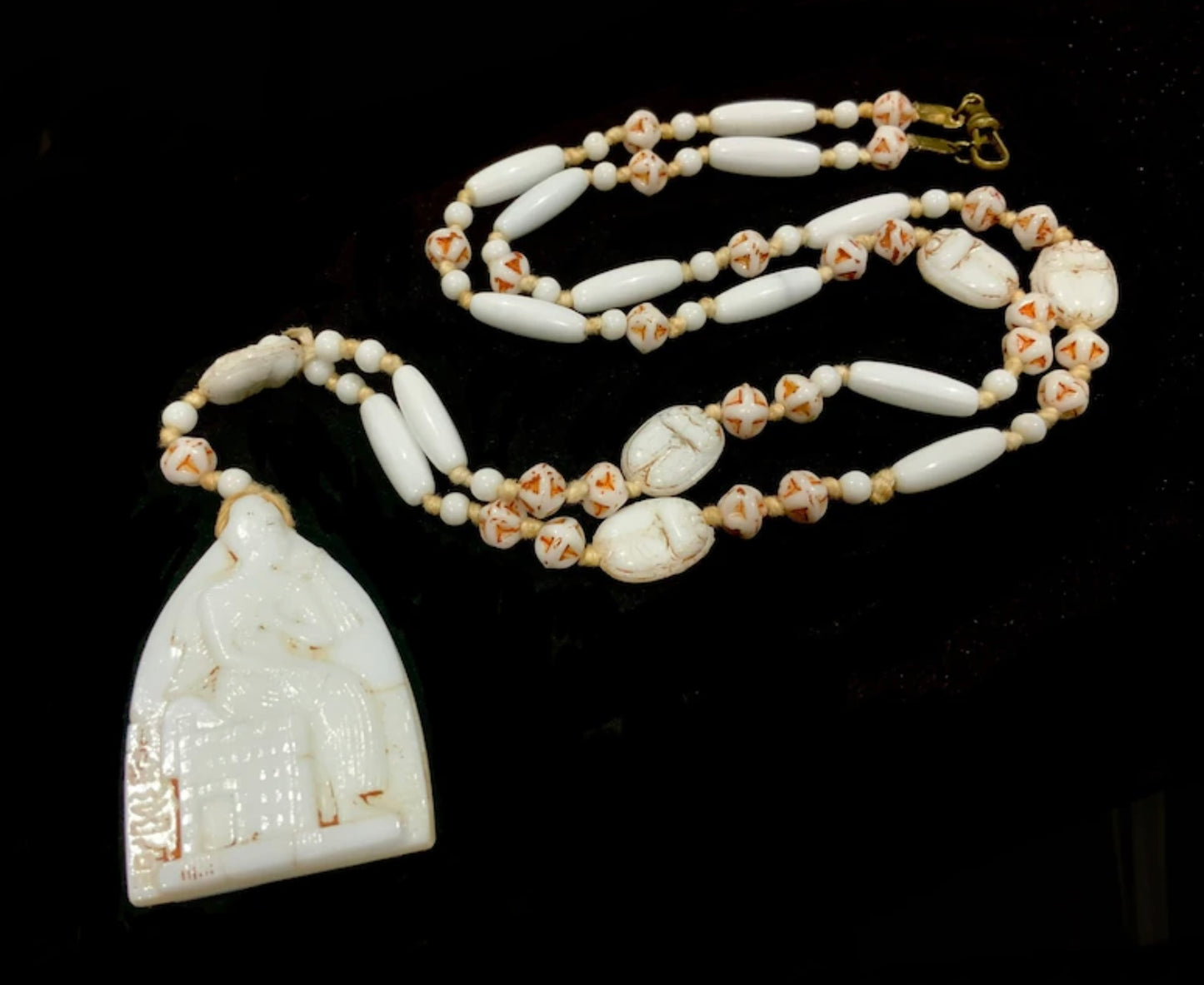 Max Neiger Pharoah & Scarab Beetle White Glass Bead Long Necklace