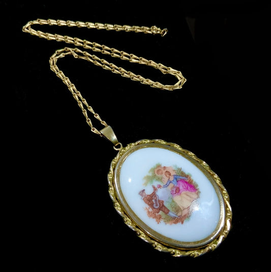 Limoges France Signed Courting Couple Large Pendant Gold Necklace