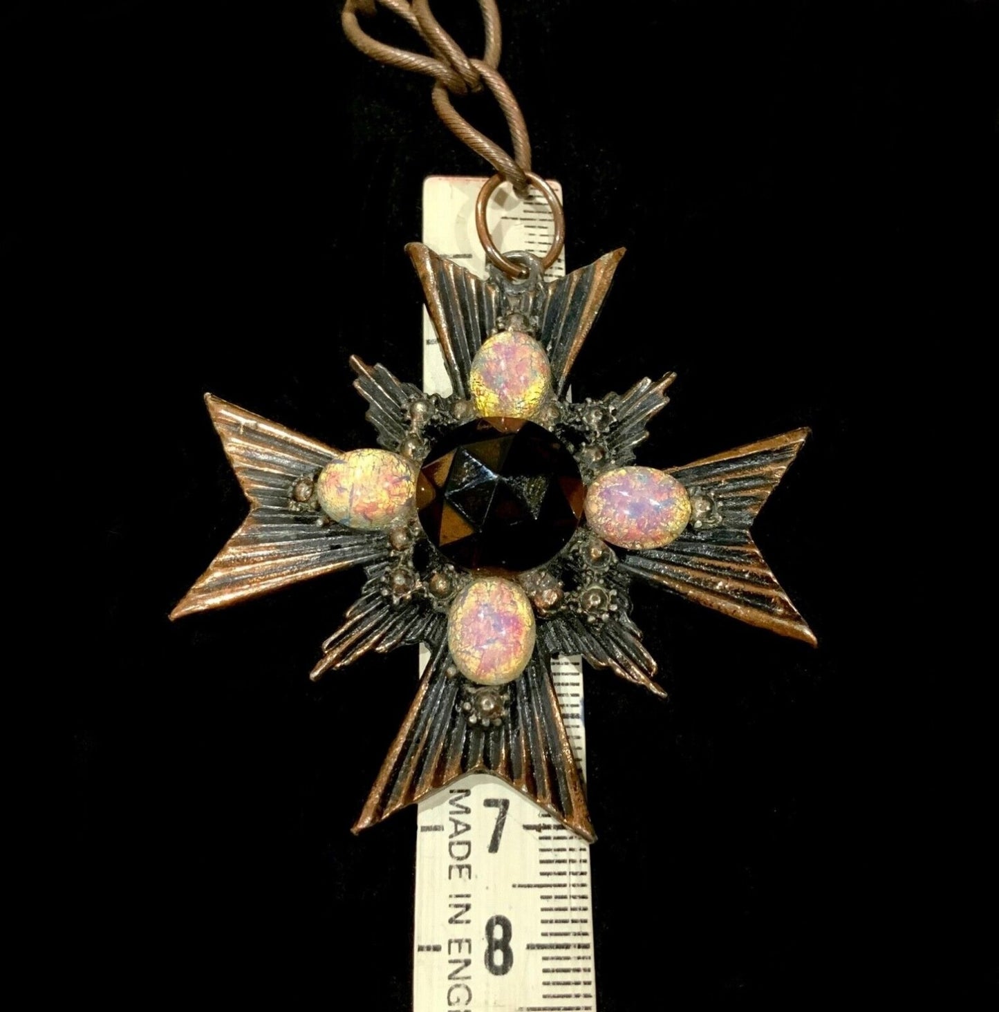 Dragons Breath & Copper Maltese Cross Pendant Necklace Vintage Florenza