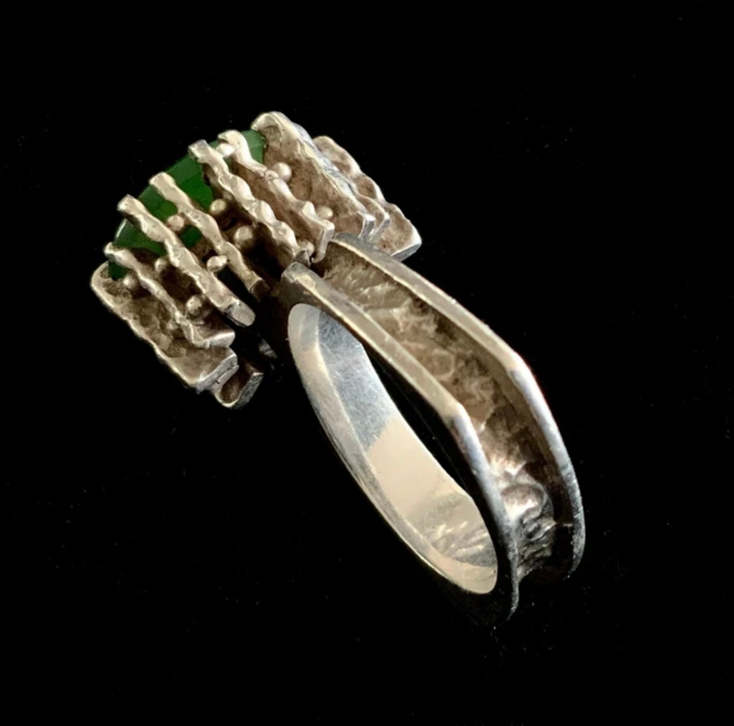 Scandinavian Modernist Brutalist 925 Sterling Silver & Jade Ring Size 7 N 1/2 Mid Century