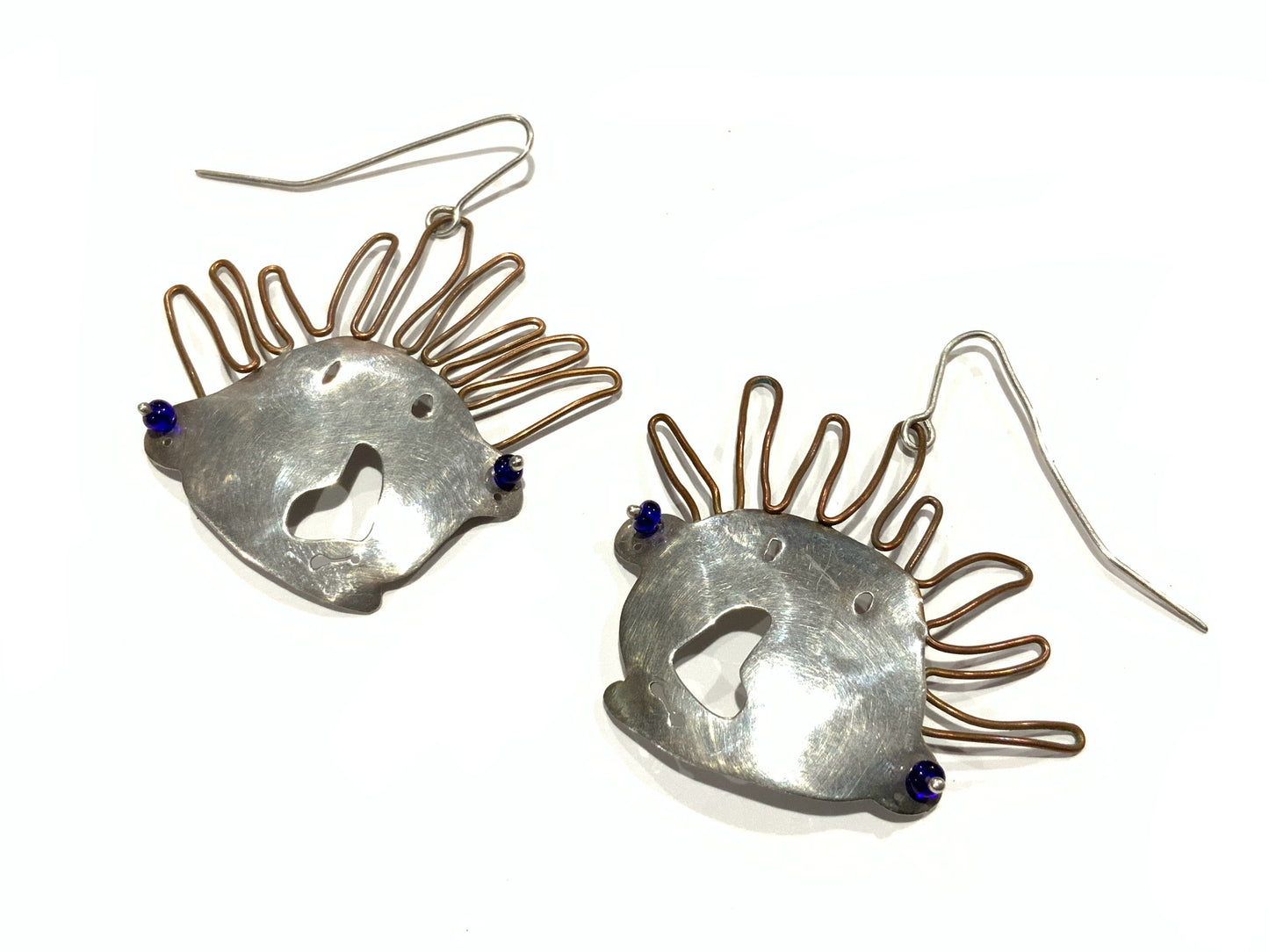 Vintage Artisan Modernist Brutalist Silver & Copper Dangle Face Earrings