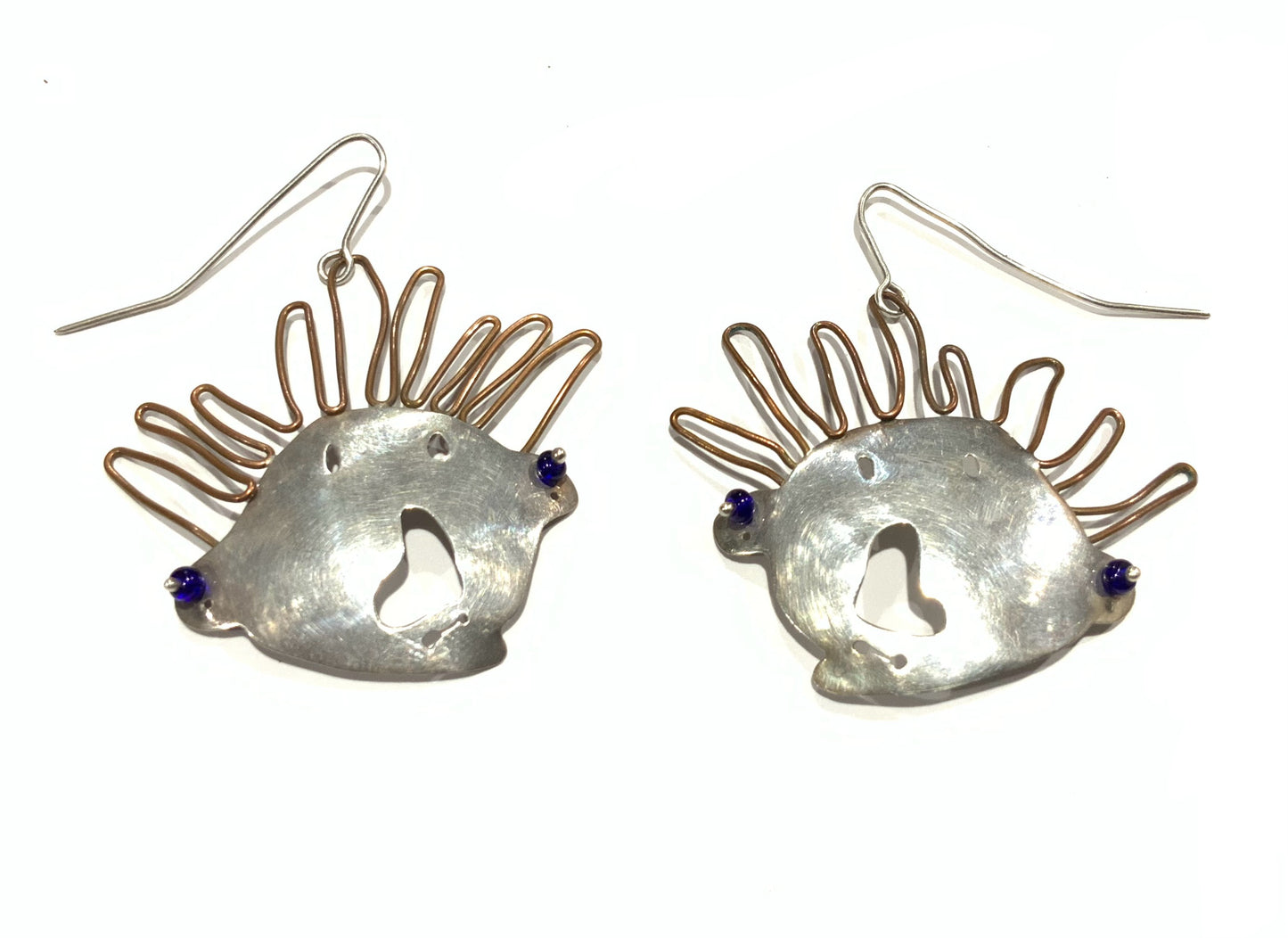 Vintage Artisan Modernist Brutalist Silver & Copper Dangle Face Earrings