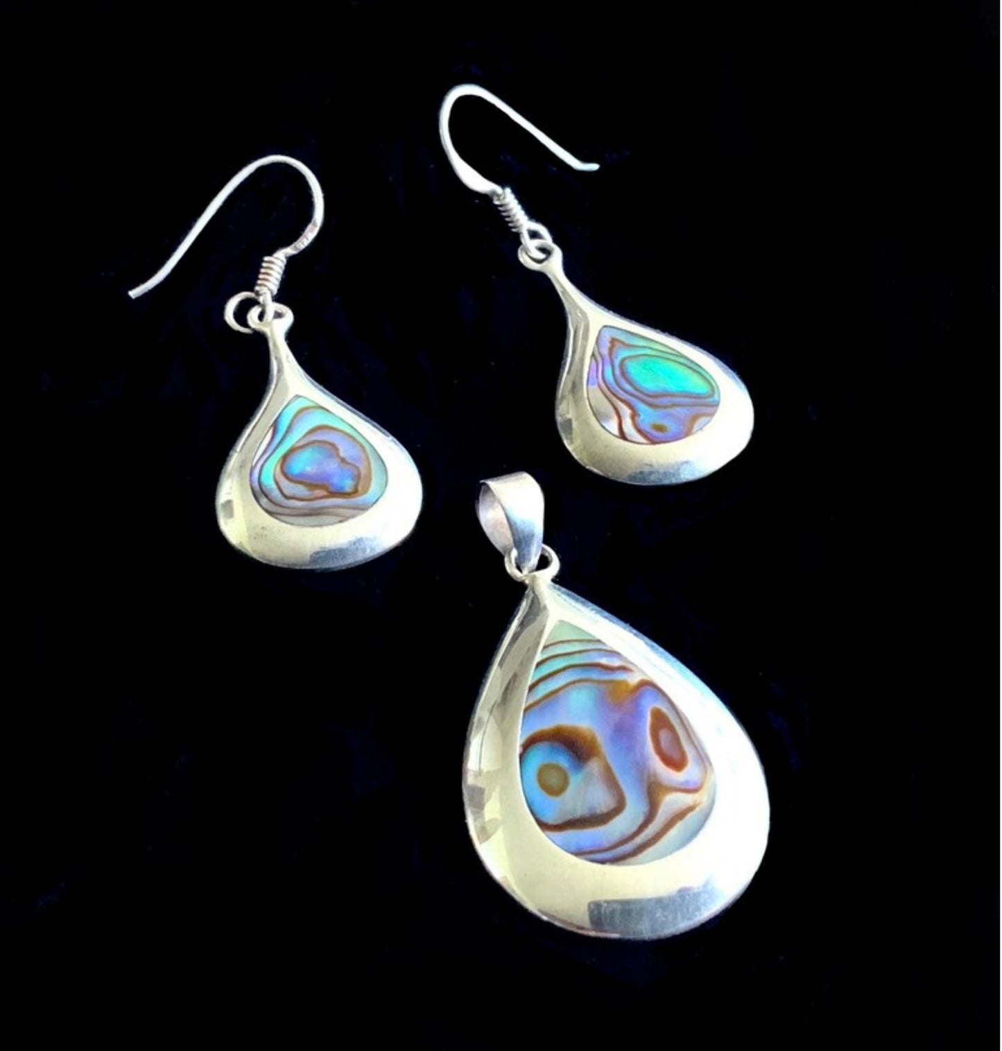 925 Sterling Silver Paua Shell Teardrop Pendant Necklace & Earrings Set