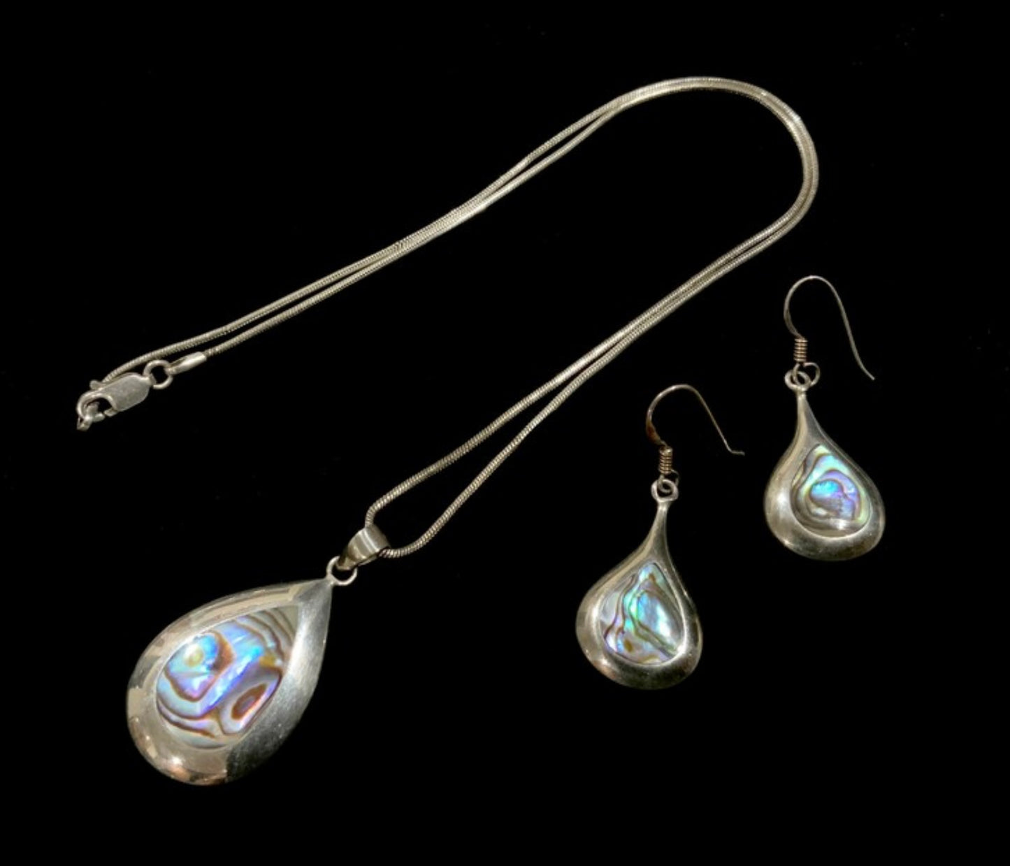 925 Sterling Silver Paua Shell Teardrop Pendant Necklace & Earrings Set
