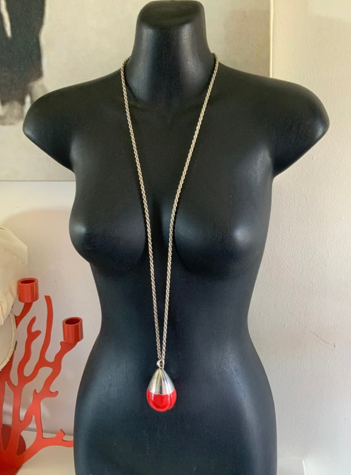 Silver & Red Enamel Wrecking Ball Rope Chain Necklace 90cm