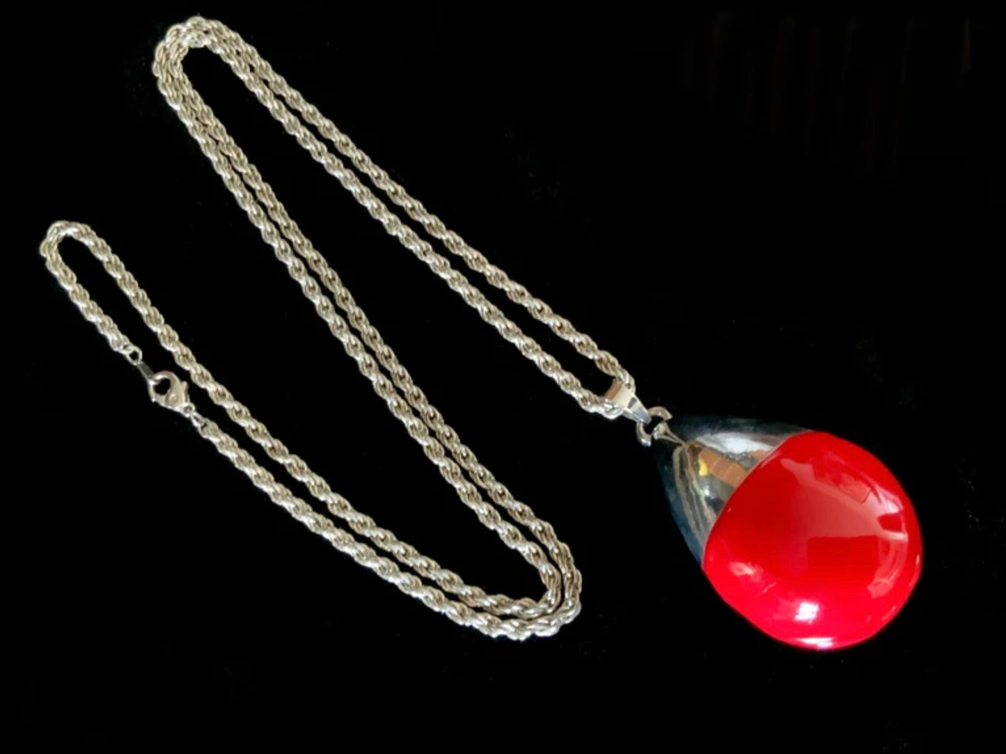 Silver & Red Enamel Wrecking Ball Rope Chain Necklace 90cm