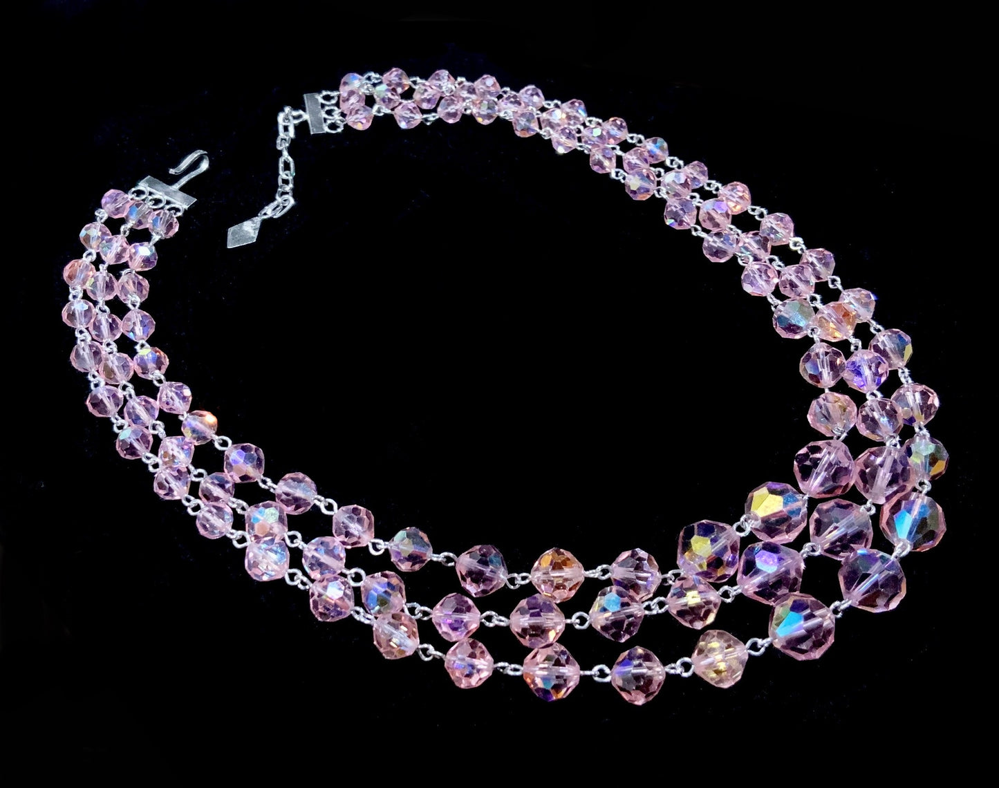 Pink AB Crystal Bead Necklace Silver Tone Triple Strand 1950s