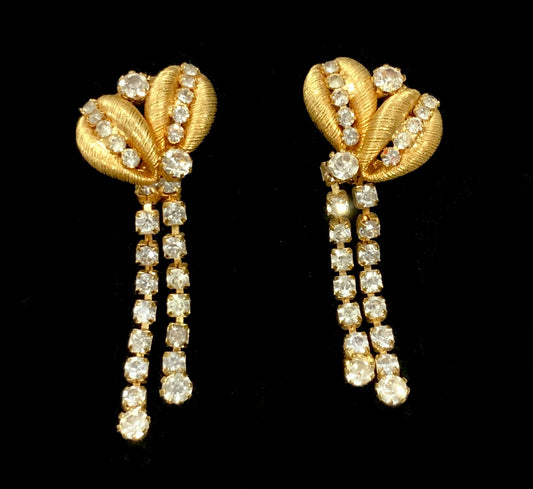 Gold Tone & Diamanté Chandelier Dangle Earrings Clip On