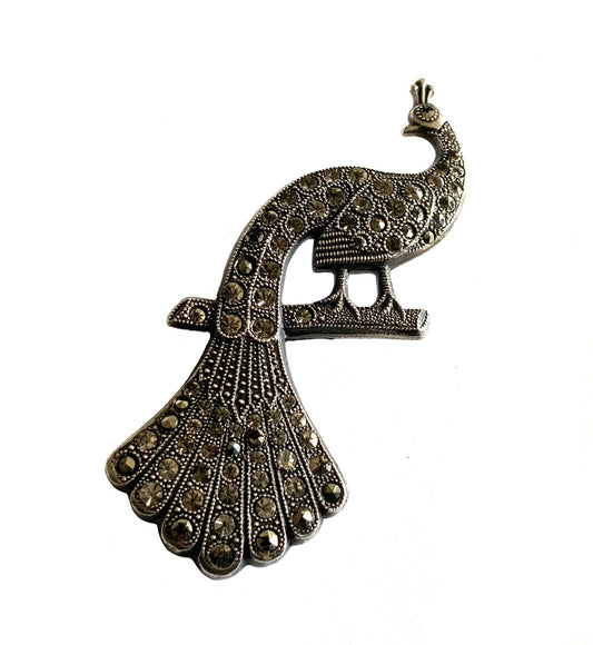 Art Deco Sterling Silver 925 Marcasite Large Peacock Pendant Necklace