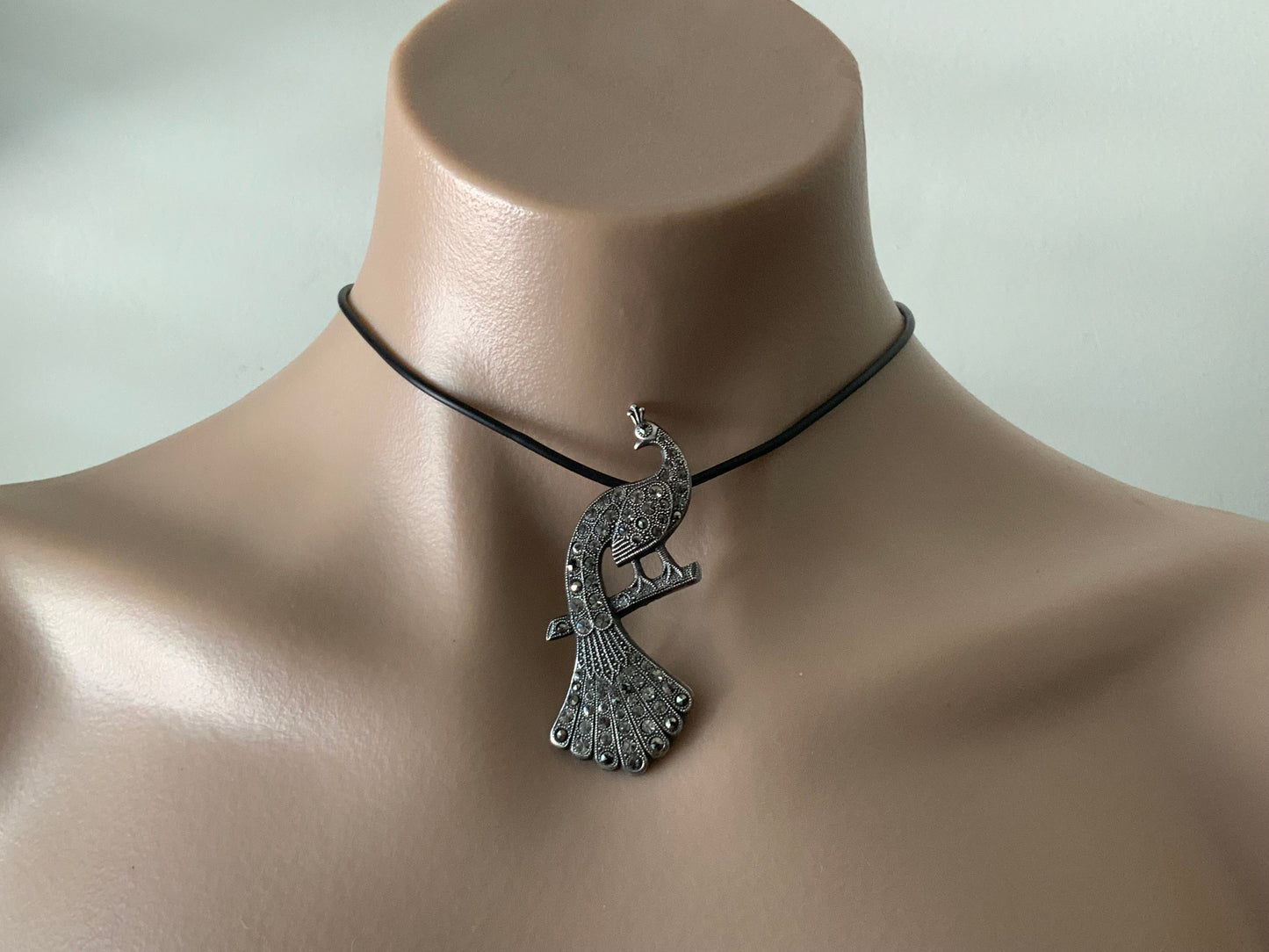 Art Deco Sterling Silver 925 Marcasite Large Peacock Pendant Necklace