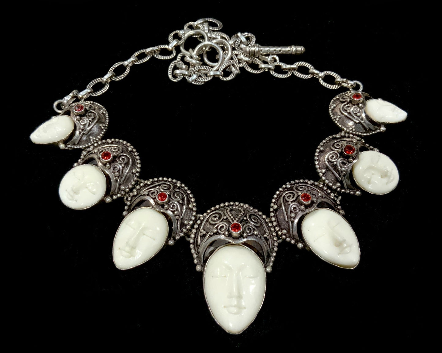 Vintage Sterling Silver & Garnet Gemstone Carved Goddess Necklace