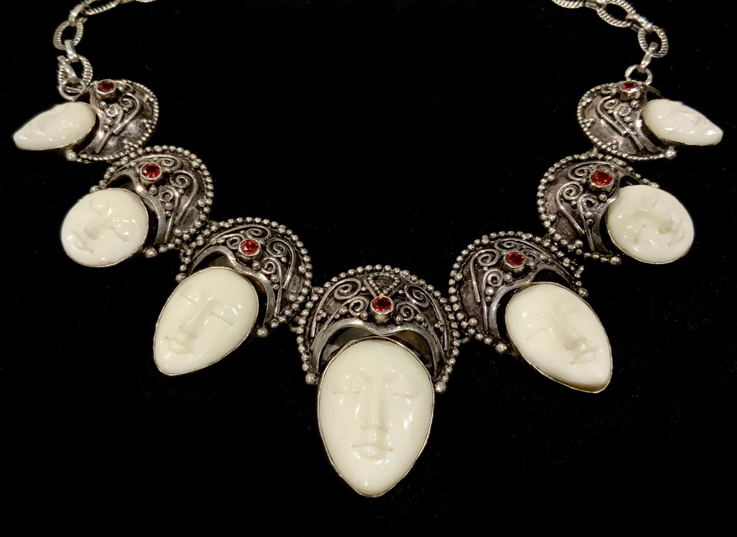 Vintage Sterling Silver & Garnet Gemstone Carved Goddess Necklace
