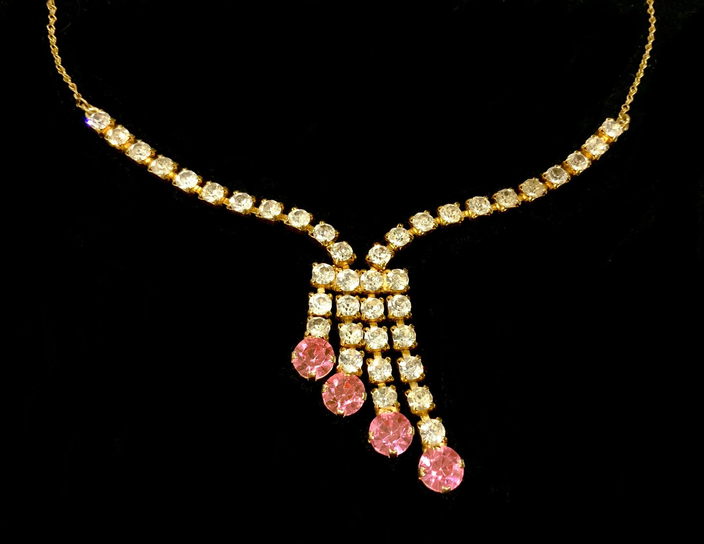 Art Deco Pink & Clear Diamanté Cocktail Necklace 41cm
