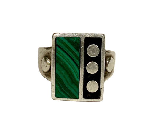 Mid Century Modern Domino Ring Sterling Silver & Malachite Size Q