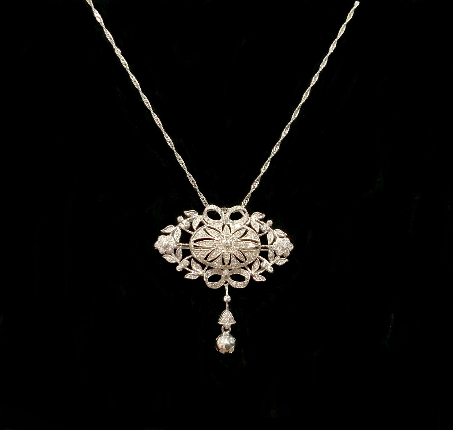 9K White Gold Vintage Belle Epoque Style Brooch / Pendant (Necklace)