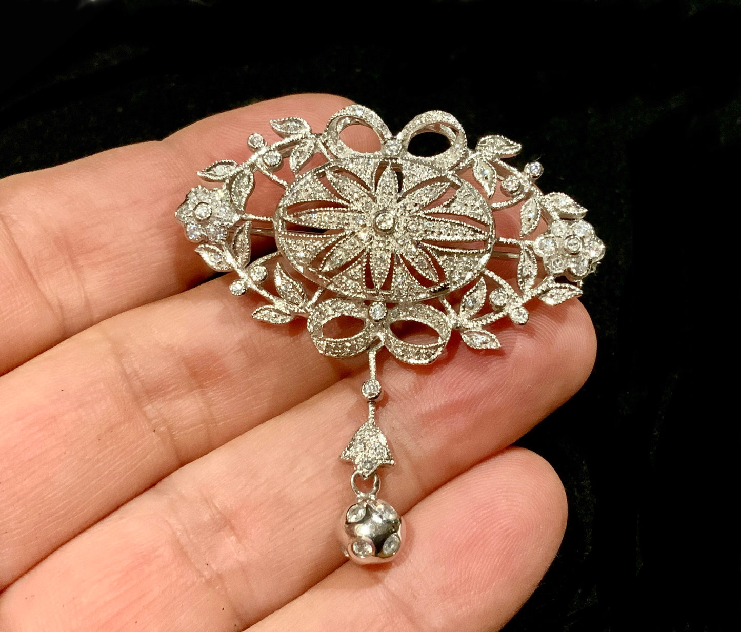 9K White Gold Vintage Belle Epoque Style Brooch / Pendant (Necklace)