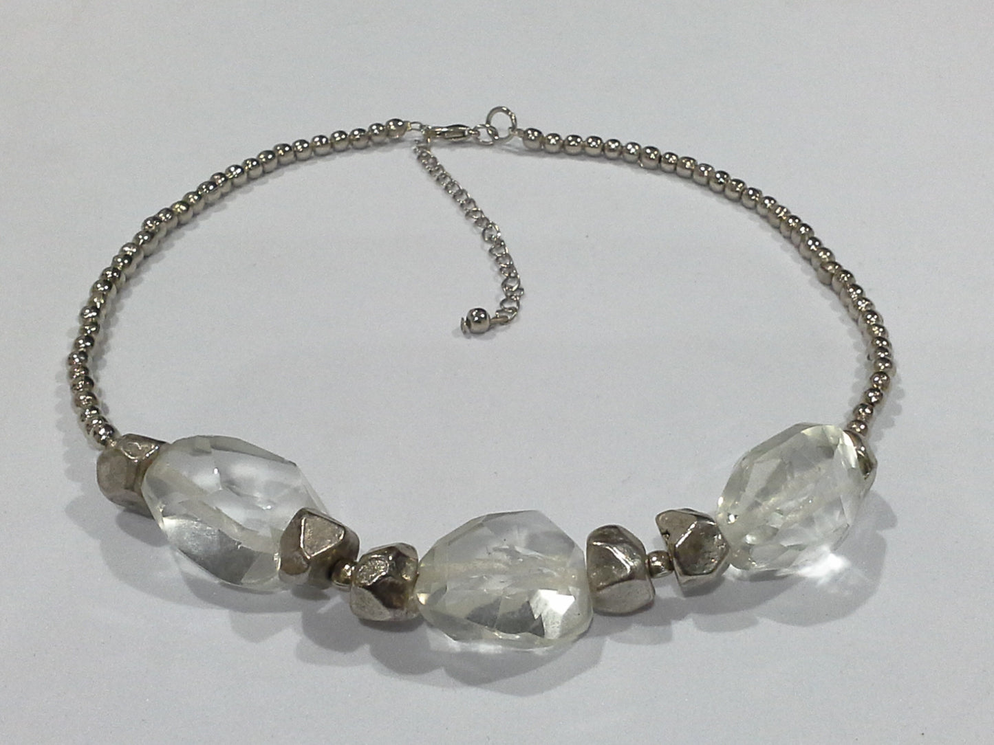 Clear Rock Crystal Glass & Silver Metal Bead Collar Necklace