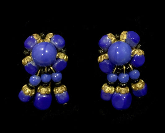 Art Deco Blue Glass  Bead & Brass Dangle Earrings