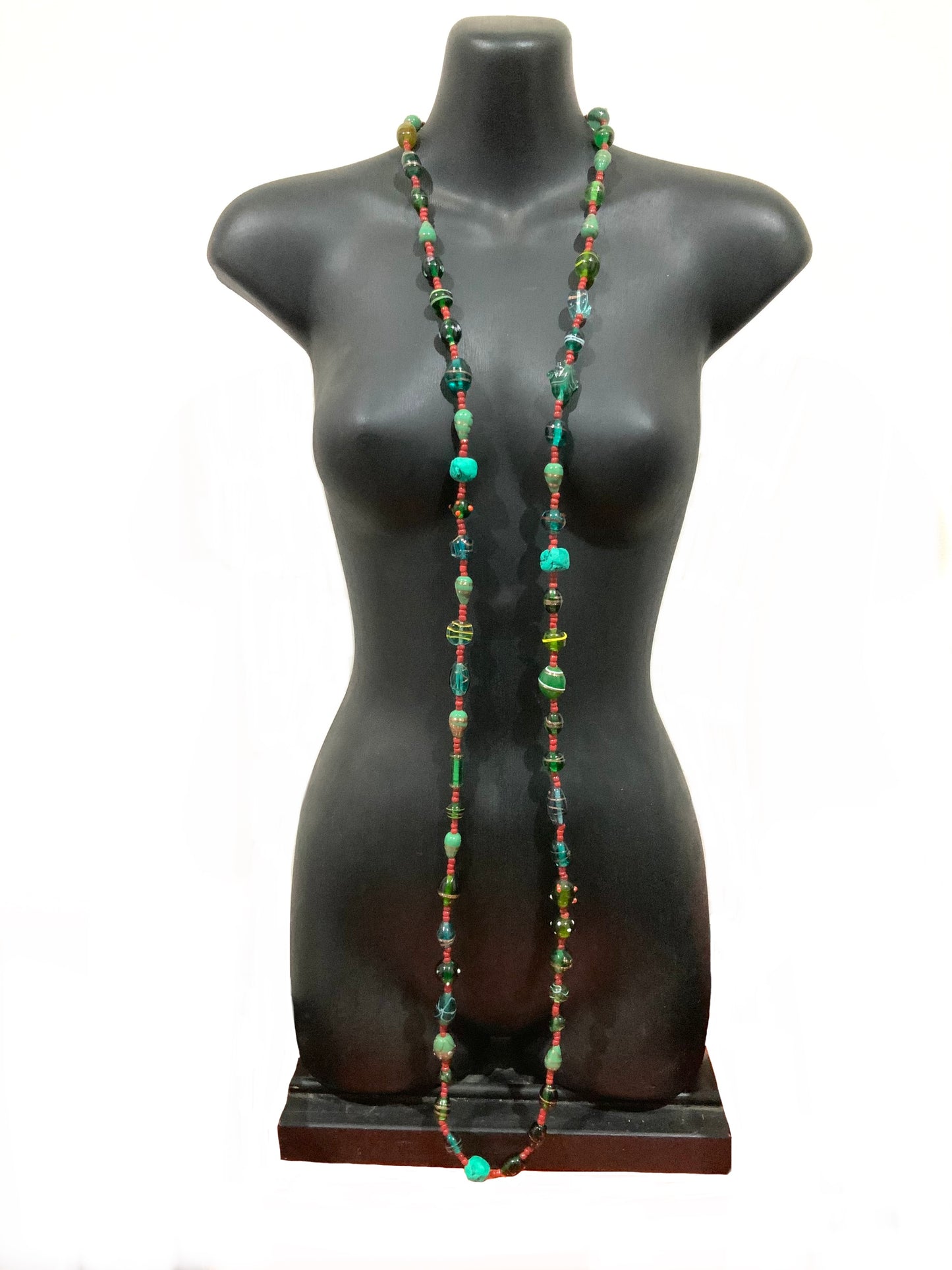 Vintage Art Glass & Turquoise Bead 180cm Long Necklace